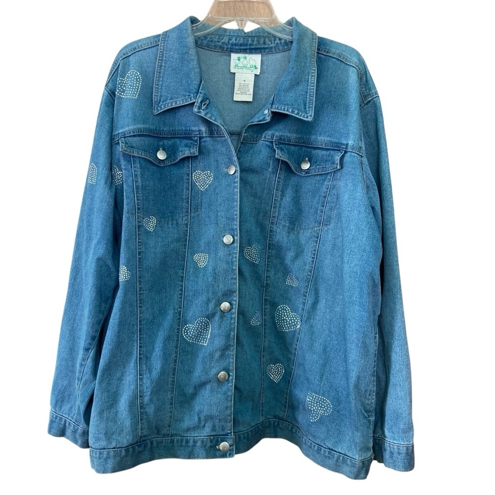 Quacker‎ Factory Blue Jean Denim Jacket Rhinestone Hearts Detail (Size 1X)